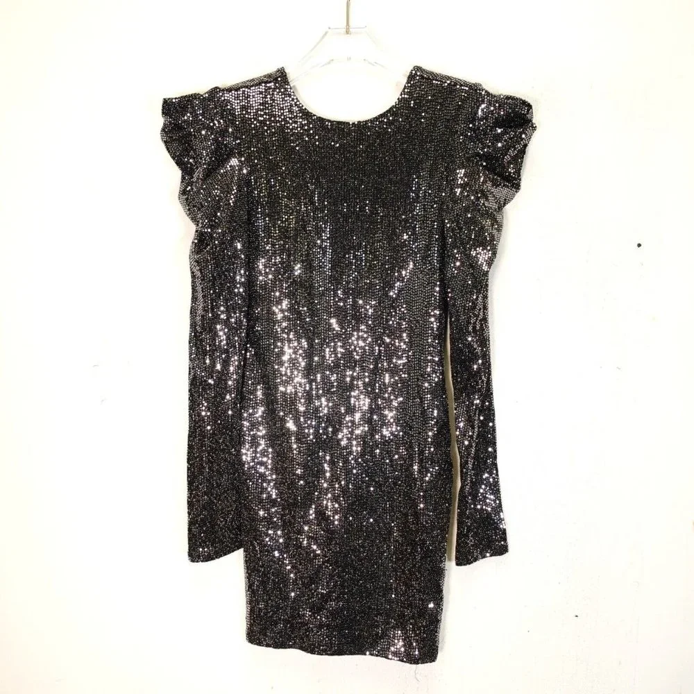 Vintage 80s Glam Sequin‎ Party Dress S Black FOREVER 21 Mini Punk Rock Princess